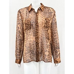 Chicos Top Womens 2 Large Brown Leopard Dreams Liana Sheer Button Up Office Work